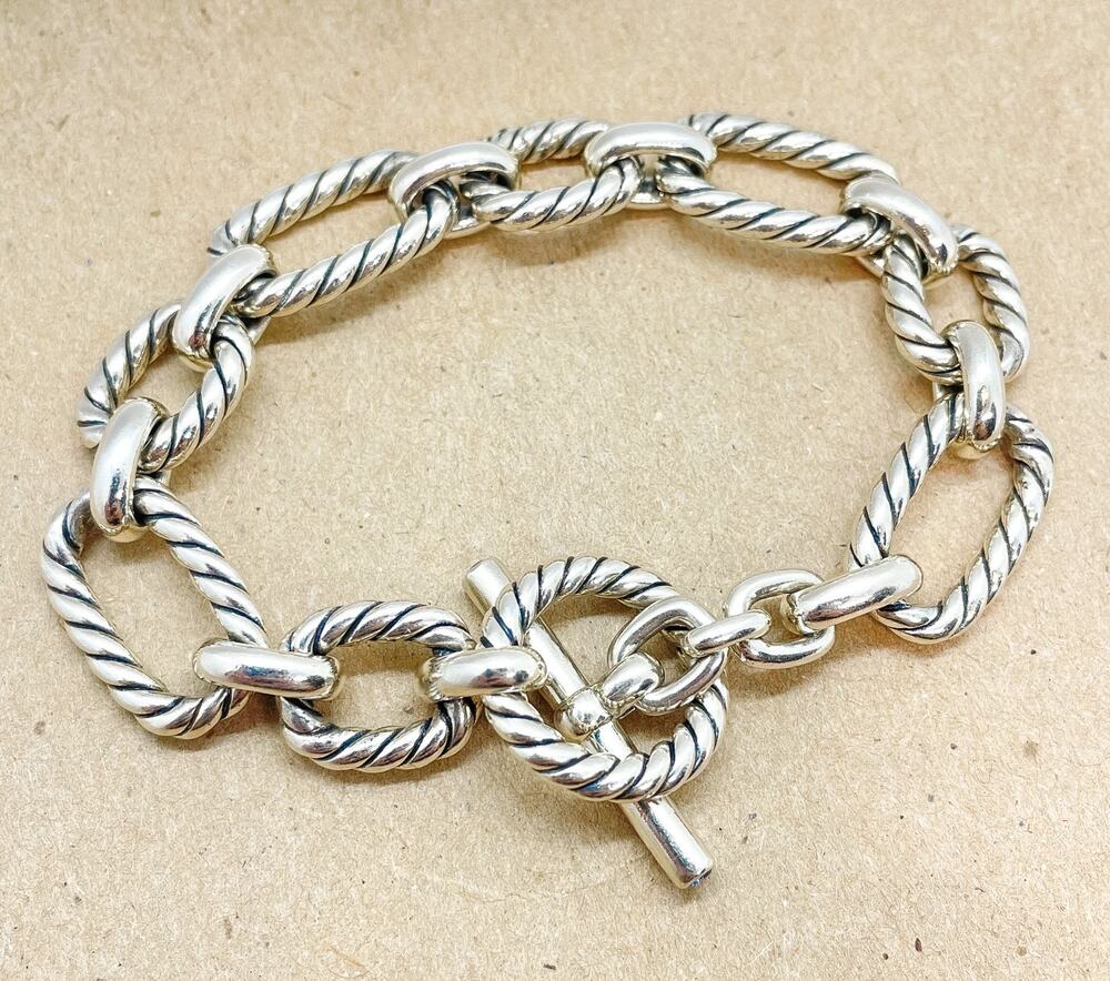 David Yurman Cushion Link Toggle Bracelet Sterling Silver Blue Sapphires 7.25" - Picture 1 of 16